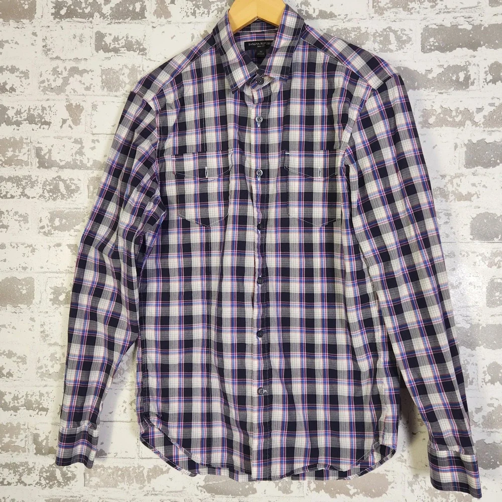 Banana Republic Slim Fit Plaid Long Sleeve Button Down Shirt Men's Medium Purple